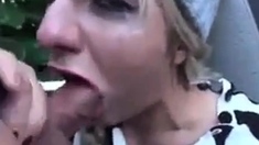 Public deepthroat and walk with cum on face biiitch