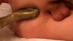 Pegging prostate and anal stretching with bizarre shovel dil
