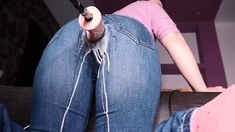 Creamy Squirt Dripping from MILF Jeans from Mechanical Dick