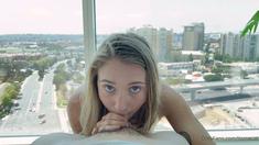 Blonde schoolegirl babe with small boobs does blowjob in pov
